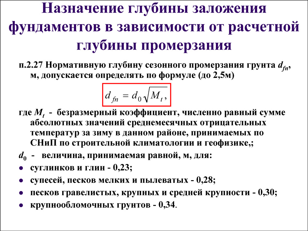 Абсолютные значения отрицательных температур за зиму. Расчетная глубина промерзания грунта формула. Нормативная глубина промерзания грунта формула. Формула расчета глубины промерзания. Нормативная глубина промерзания формула.